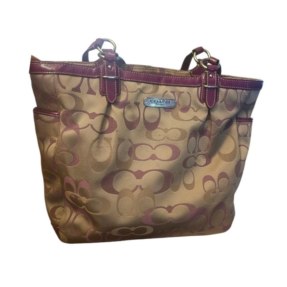 Coach Signature C Tote Bag Burgundy Canvas Leather Trim Shoulder Bag - Picture 3 of 9